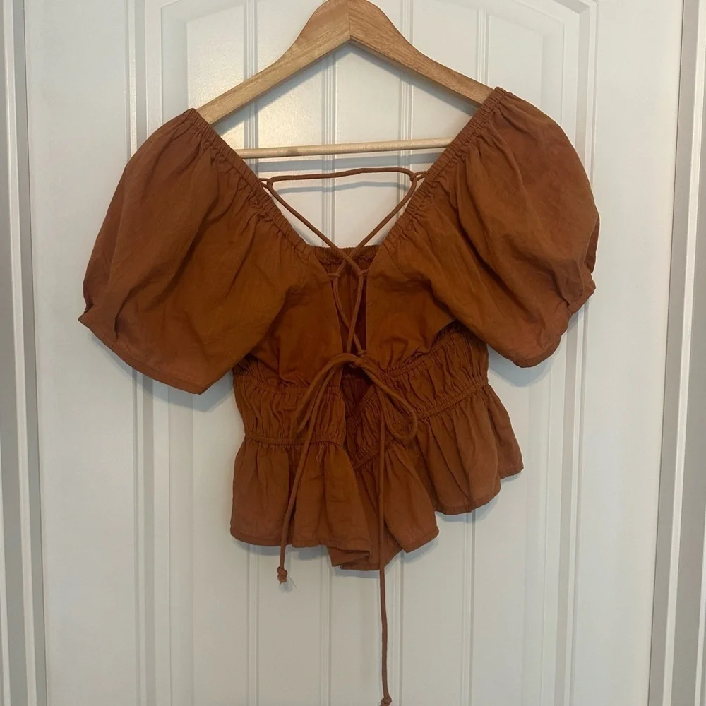 Free People Top Cropped Blouse Lace Up Boho Milkmaid Orange Size Extra Small